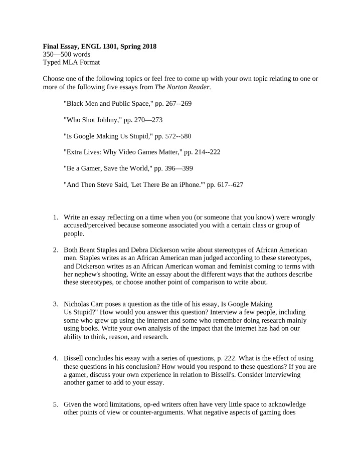 ENGL 1301 Final Exam Essay Topics (Spring 2018)