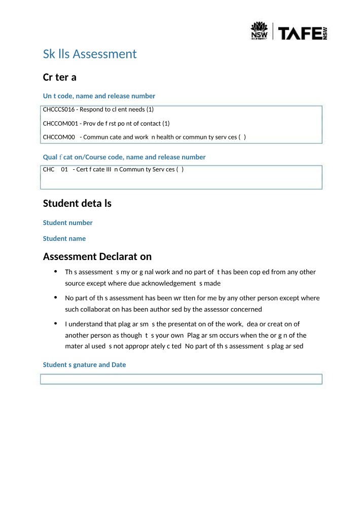 Skills Assessment for Certificate III in Community Services