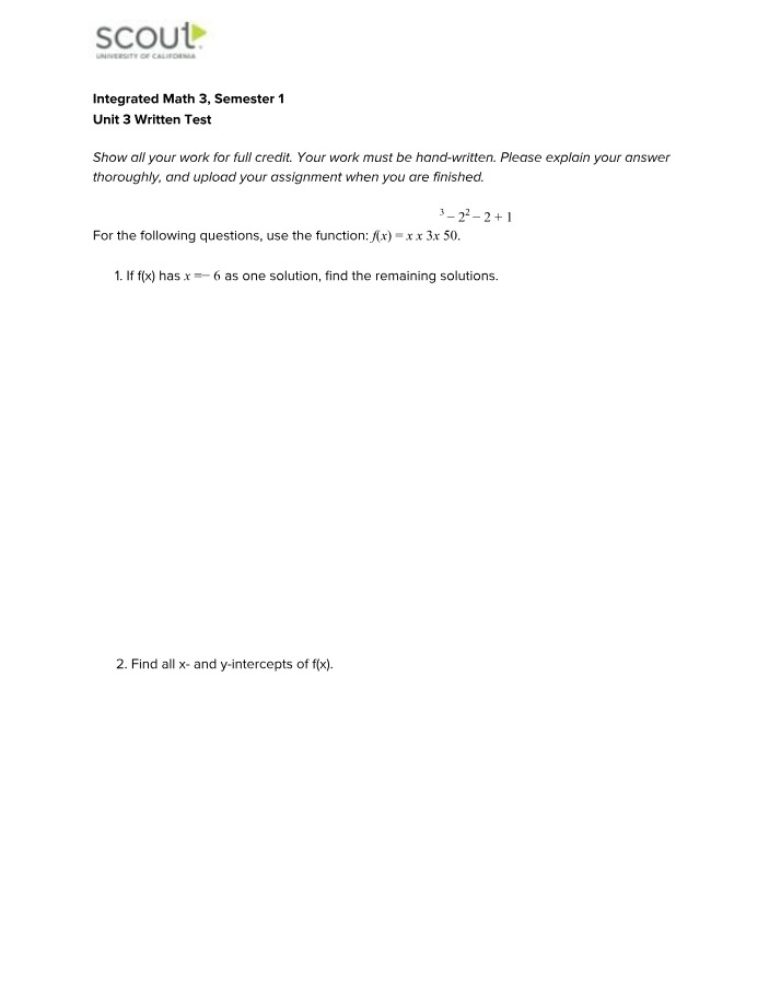 Unit 3 Written Test for Integrated Math 3 - Solve for Solutions