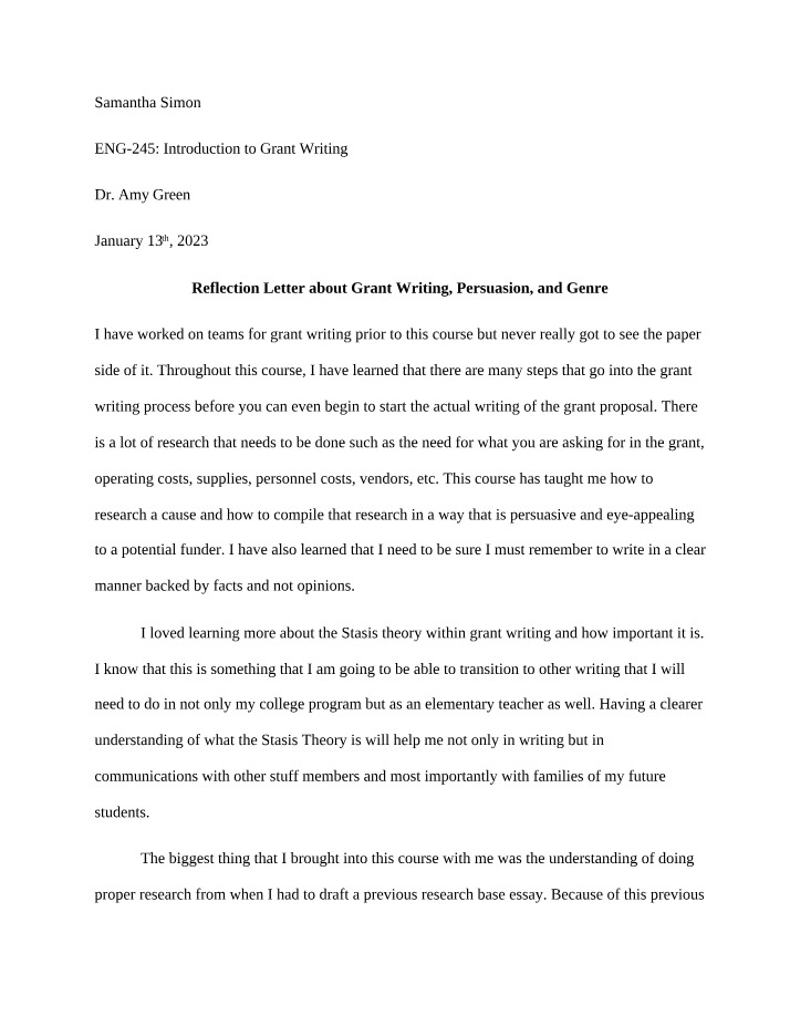 Reflection Letter on Persuasion, Genre, and Grant Writing