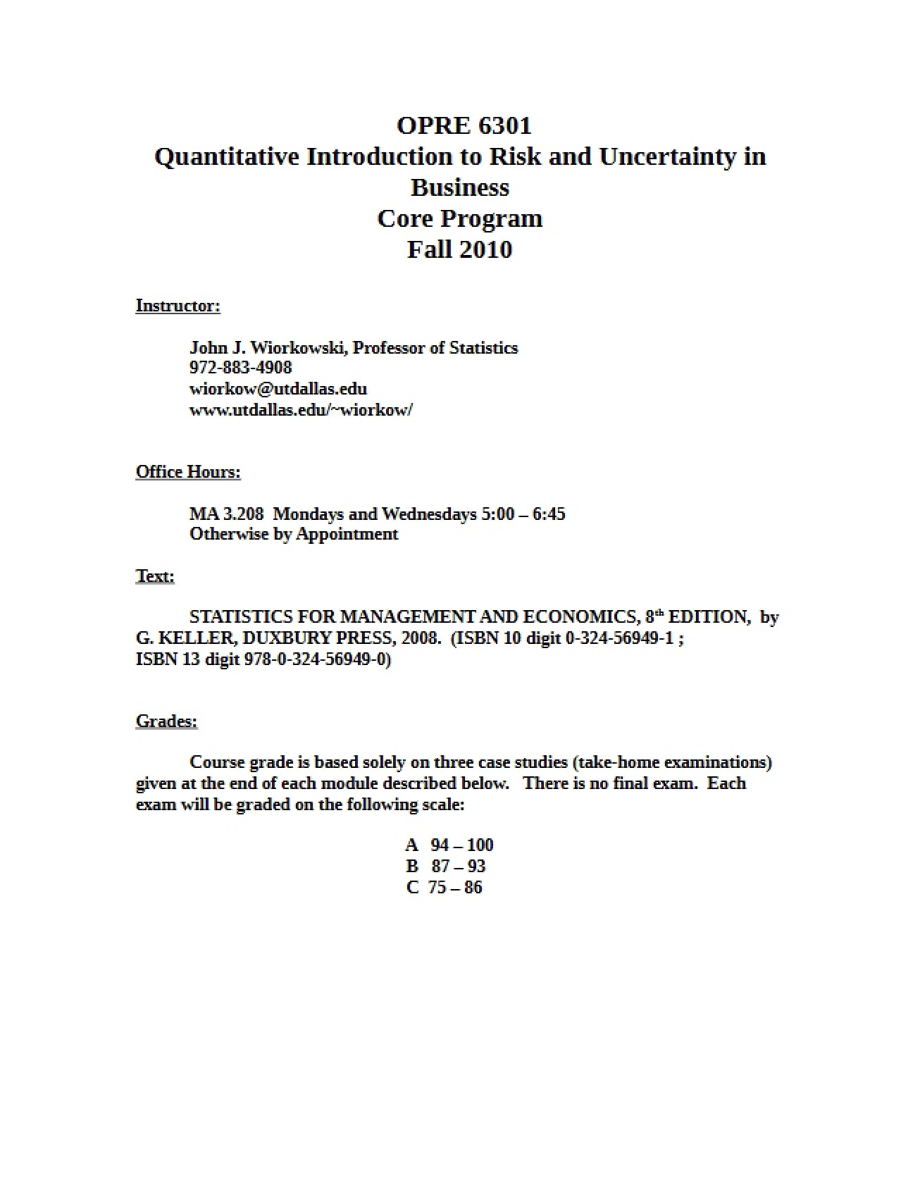 Syllabus Risk and Uncertainty in Business