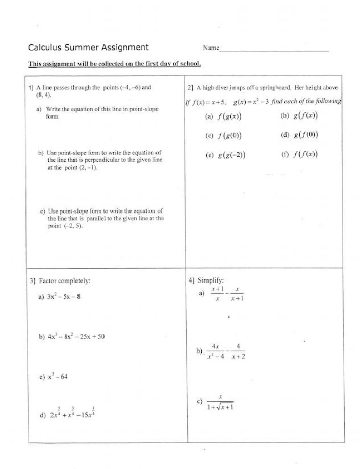 Equations of Lines and High Diving Summer Assignment