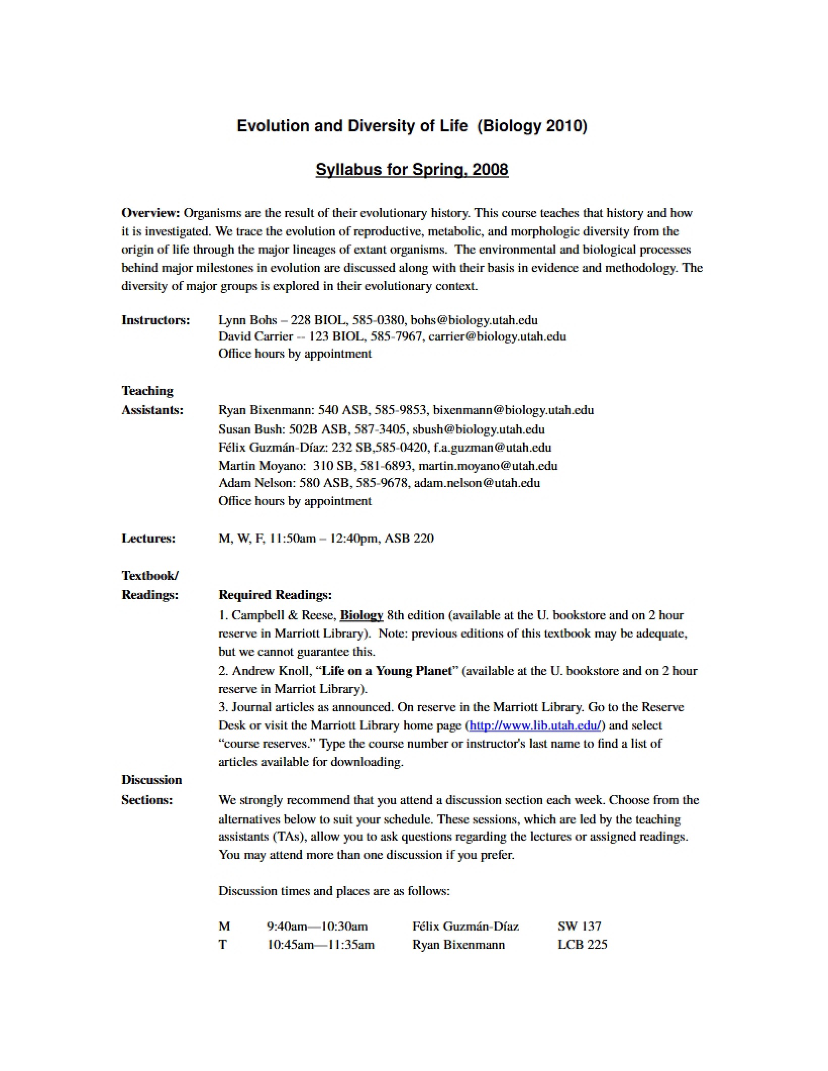 Syllabus for Life Diversity and Evolution