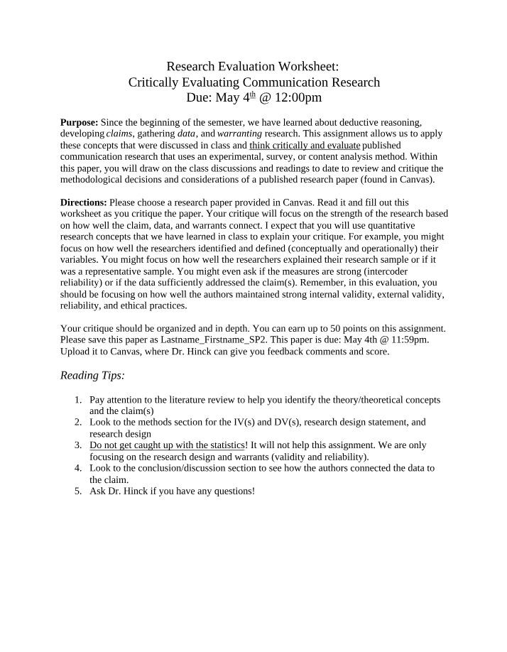 Worksheet - Critically Evaluating Communication Research