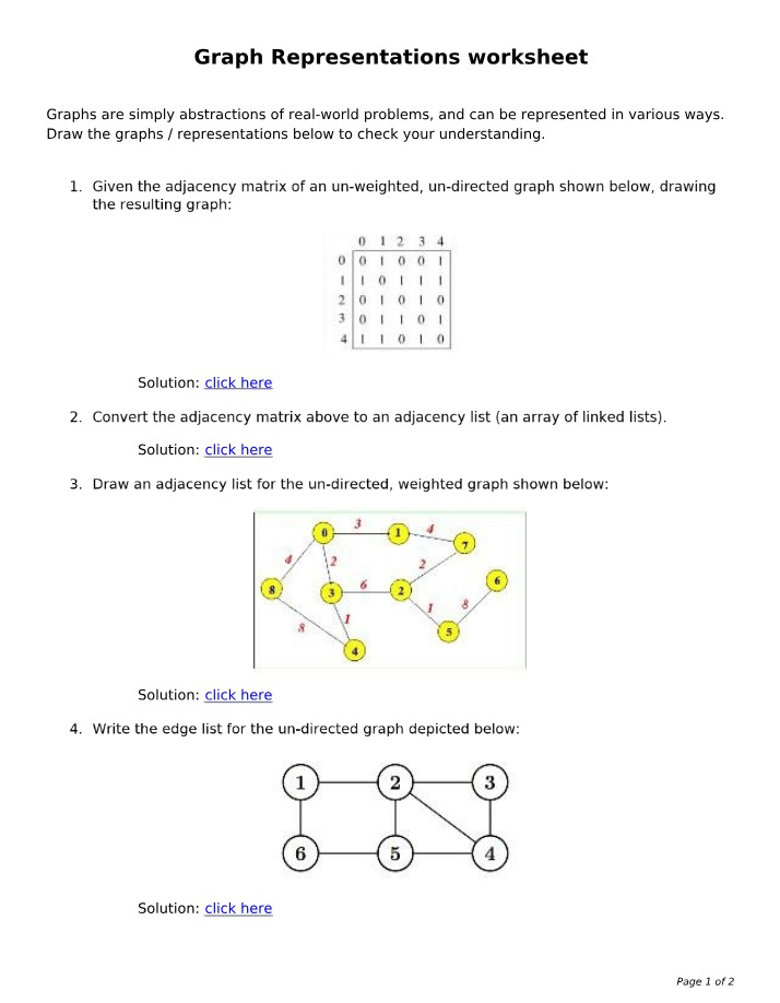 Worksheet for Graph Representations