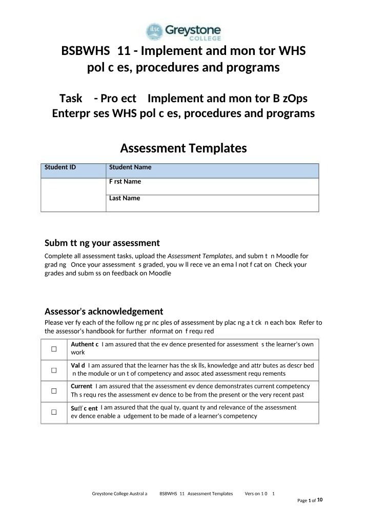 Assessment Templates for BSBWHS411