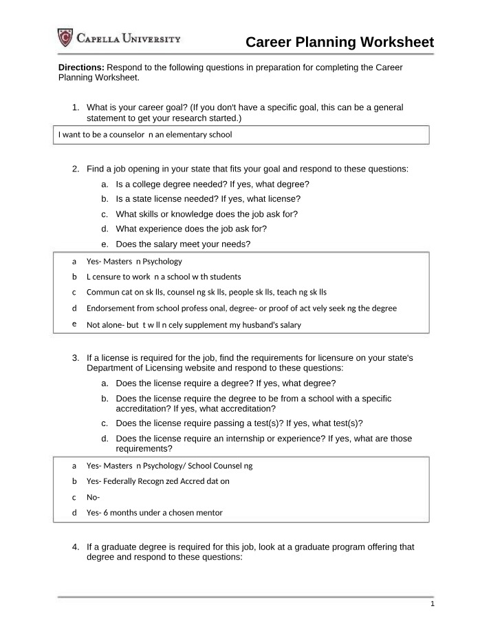 Worksheet for Career Planning