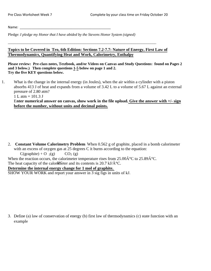 Pre Class Worksheet for Week 7 - Nature of Energy and First Law