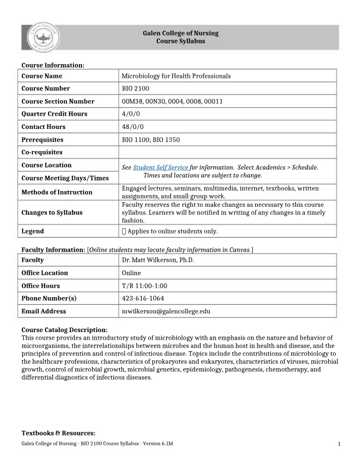 Study Syllabus - Microbiology for Health Professionals