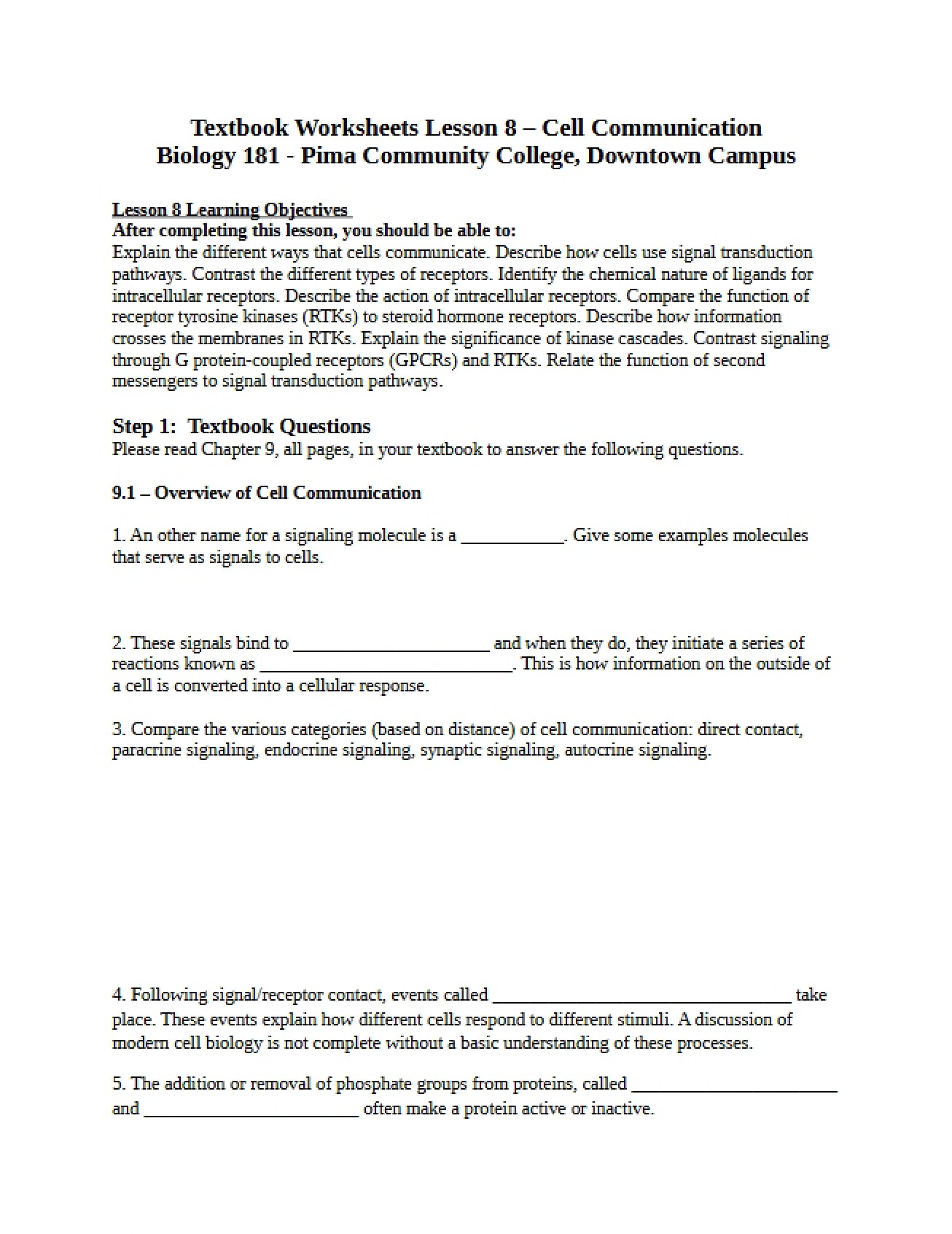Textbook Worksheets for Lesson 8 on Cell Communication