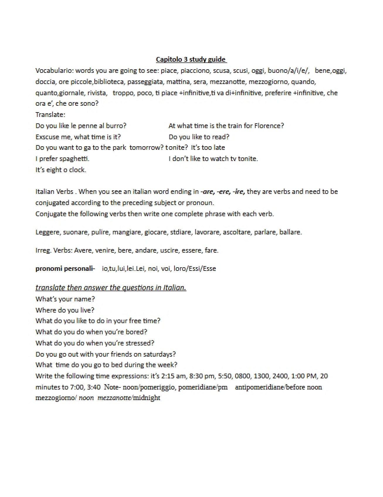 Study Guide for Capitolo 3