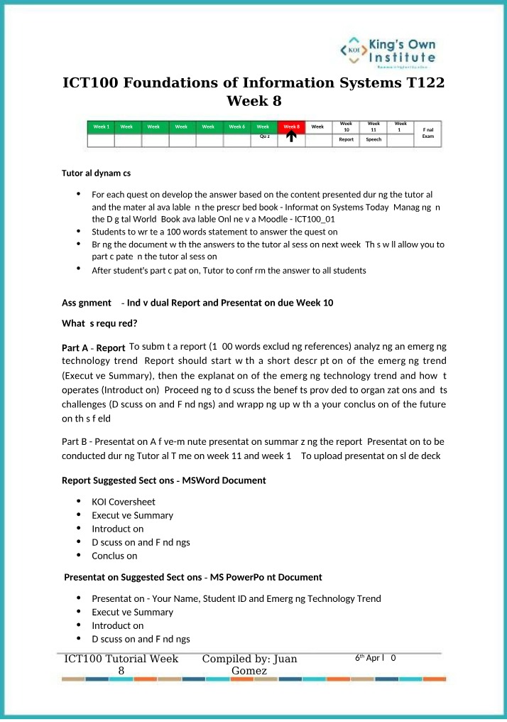 Week 8 Tutorial for ICT100
