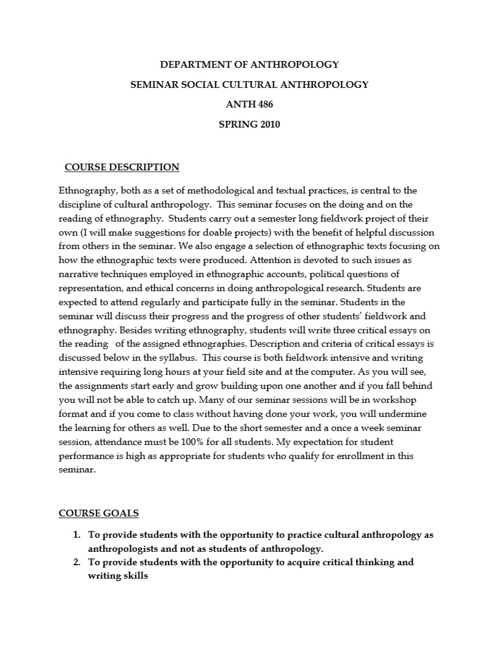 Social and Cultural Anthropology Tutorial Syllabus
