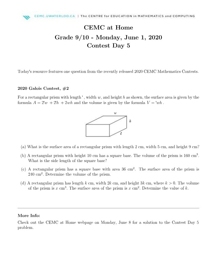 Contest Day 5 - CEMC at Home Grade 9-10