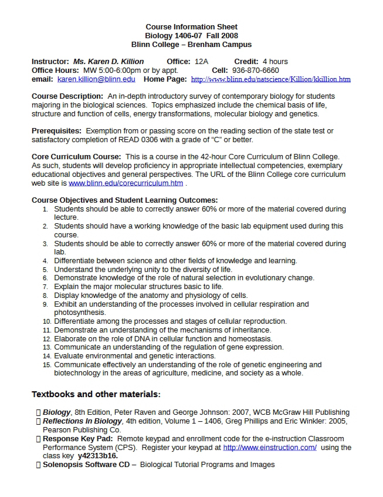 Biology for Science Majors Course Syllabus