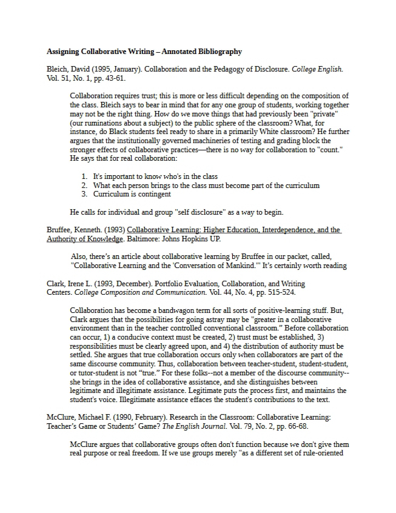 Collaborative Writing Assignments