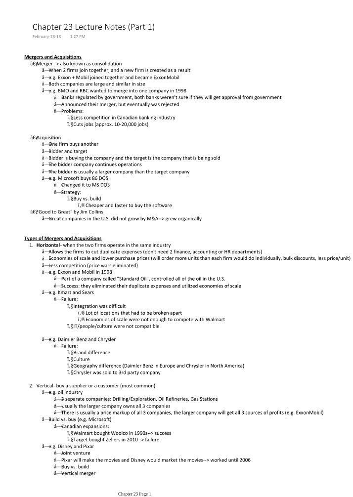 Mergers and Acquisitions - Chapter 23 Lecture Notes