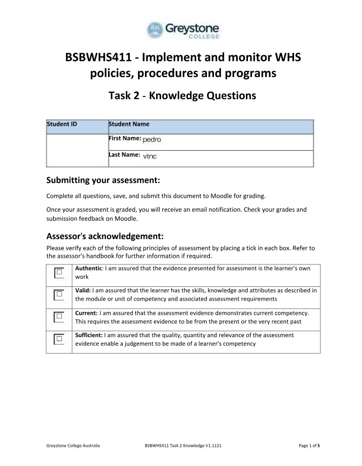 BSBWHS411 - Knowledge Task 2