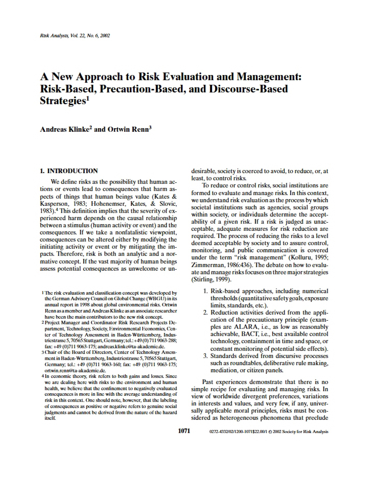 Risk Evaluation and Management A New Approach