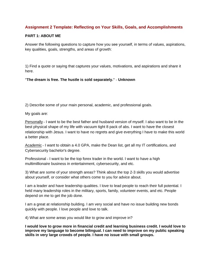 Assignment 2 Template - Skills, Goals, and Accomplishments