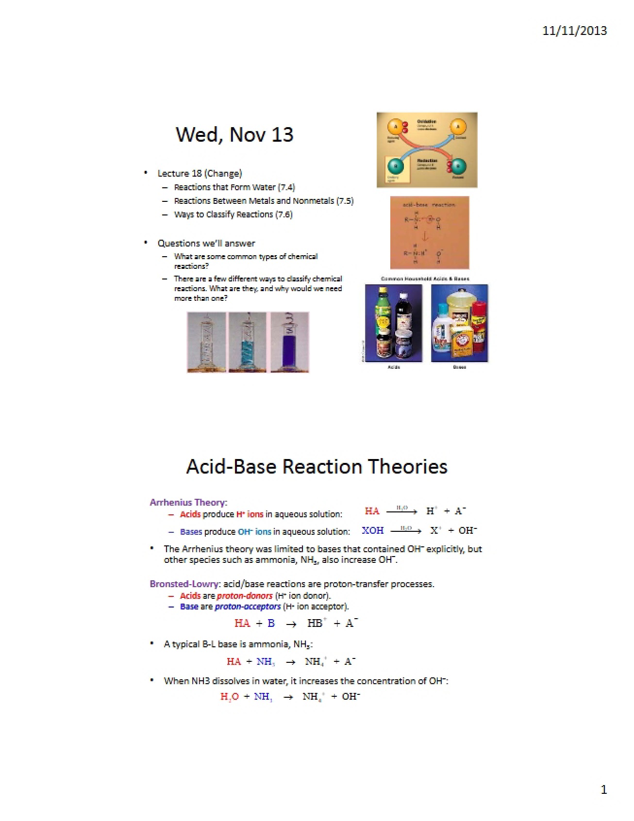 Lecture 18 Reaction Classification and Water Formation