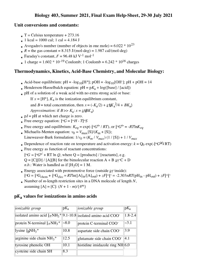 Help-Sheet for Biology 403 Final Exam