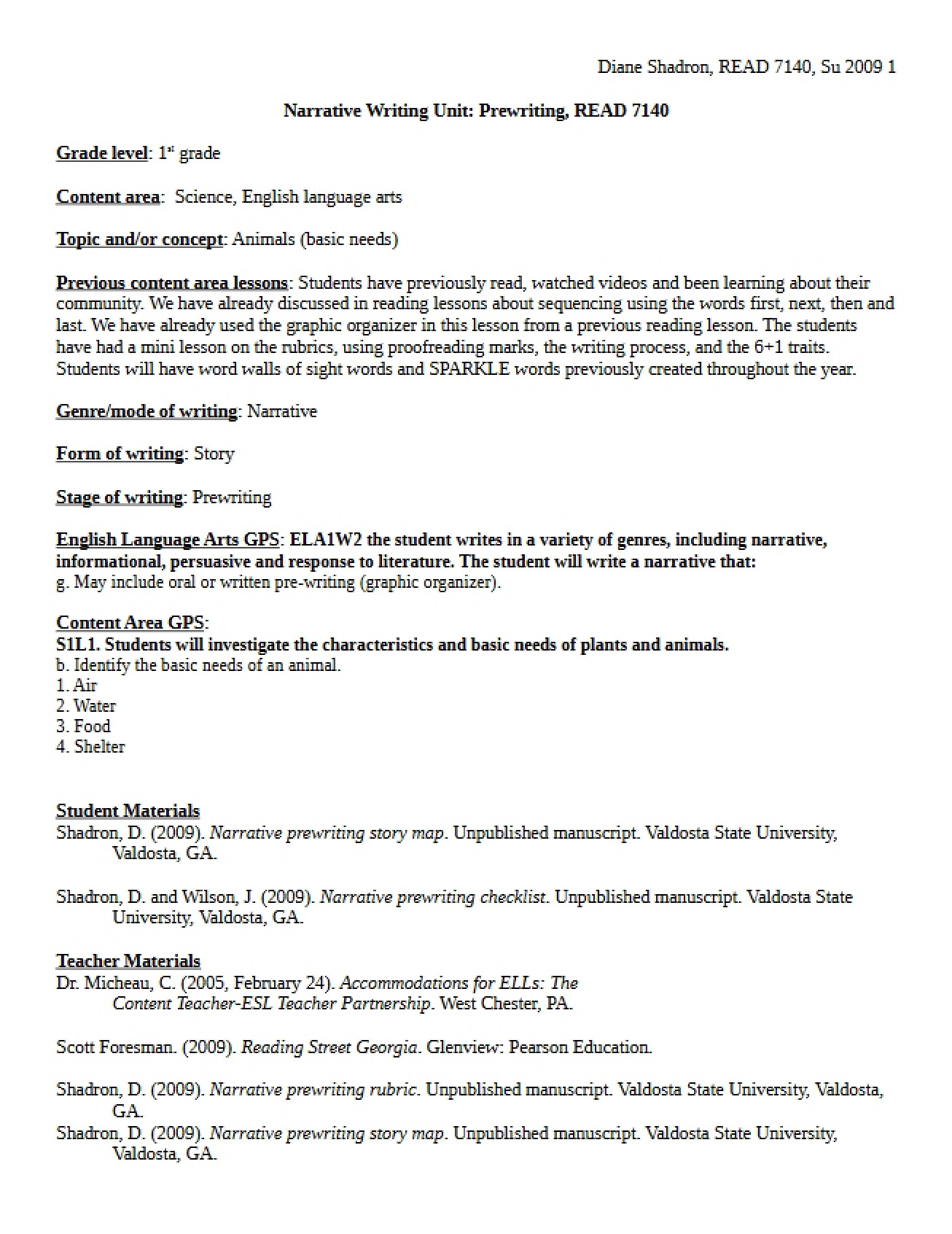 Prewriting for Narrative Writing Unit (READ 7140)
