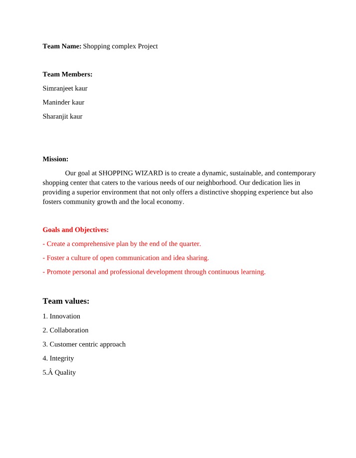 Shopping Complex Team Agreement and Project Plan