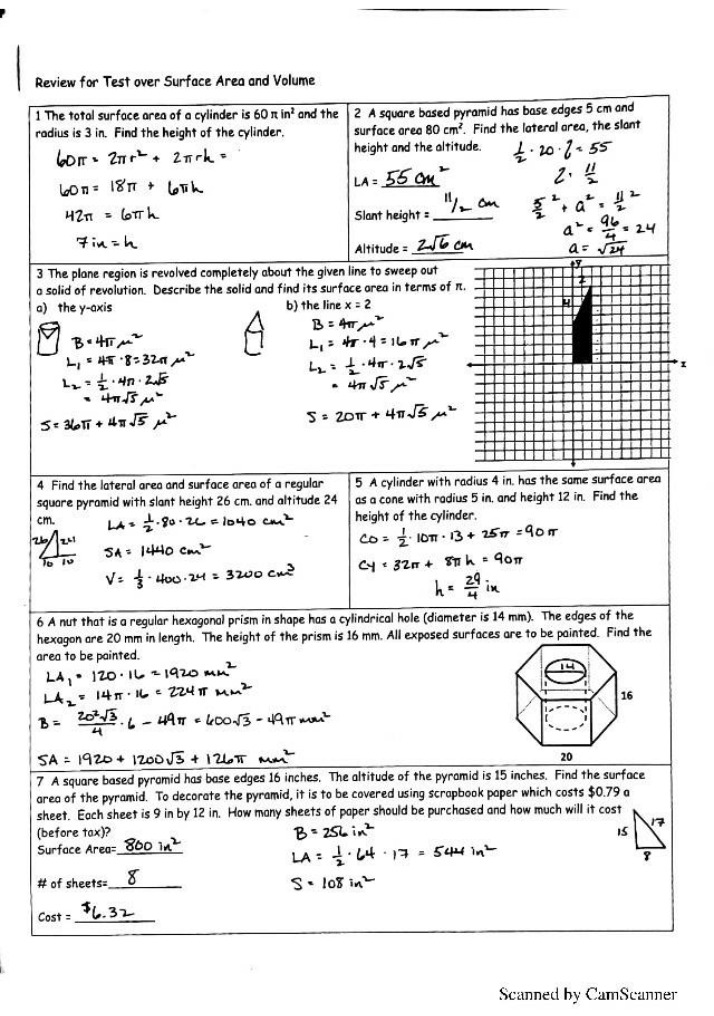 Surface Area and Volume Review Answer Key