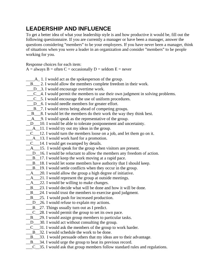 Questionnaire on Leadership and Influence