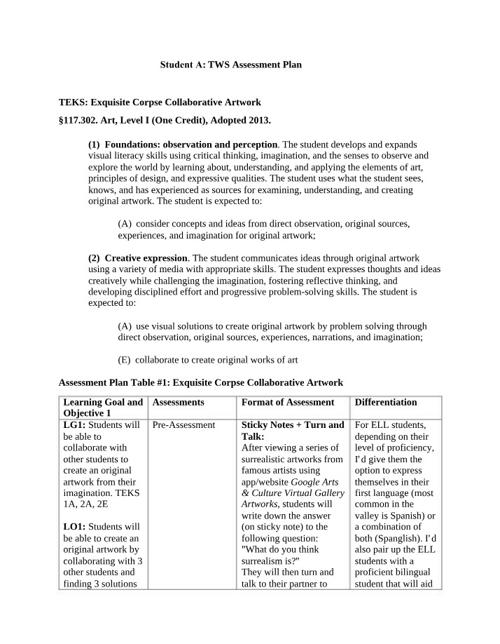 Sample TWS Assessment Plan
