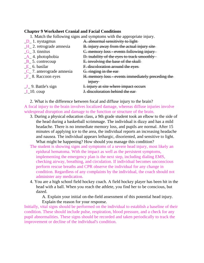 Cranial and Facial Conditions Worksheet - Chapter 9