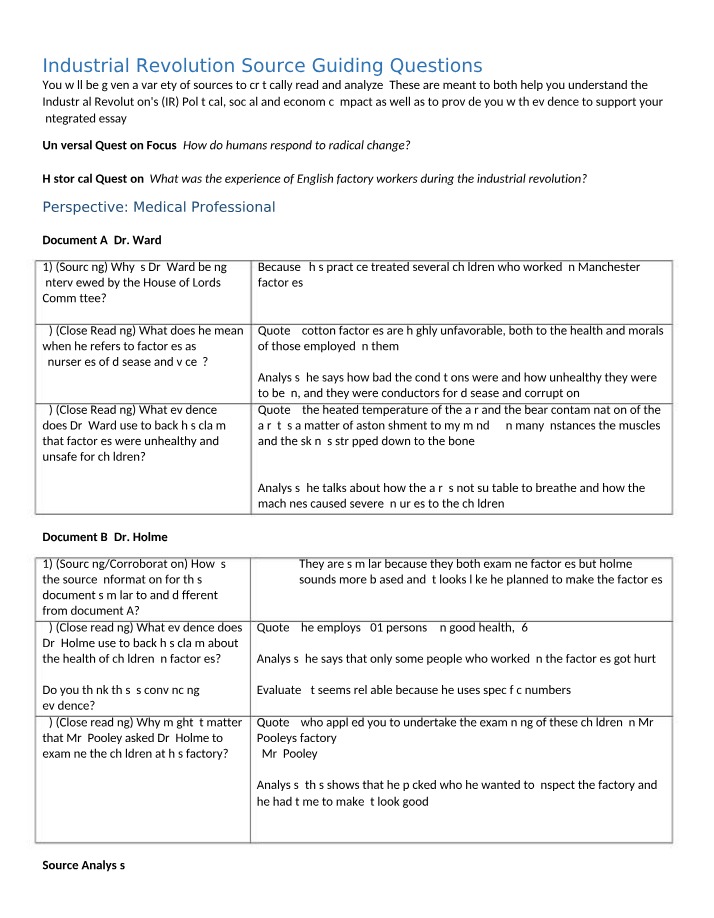 Guiding Questions for Industrial Revolution Sources