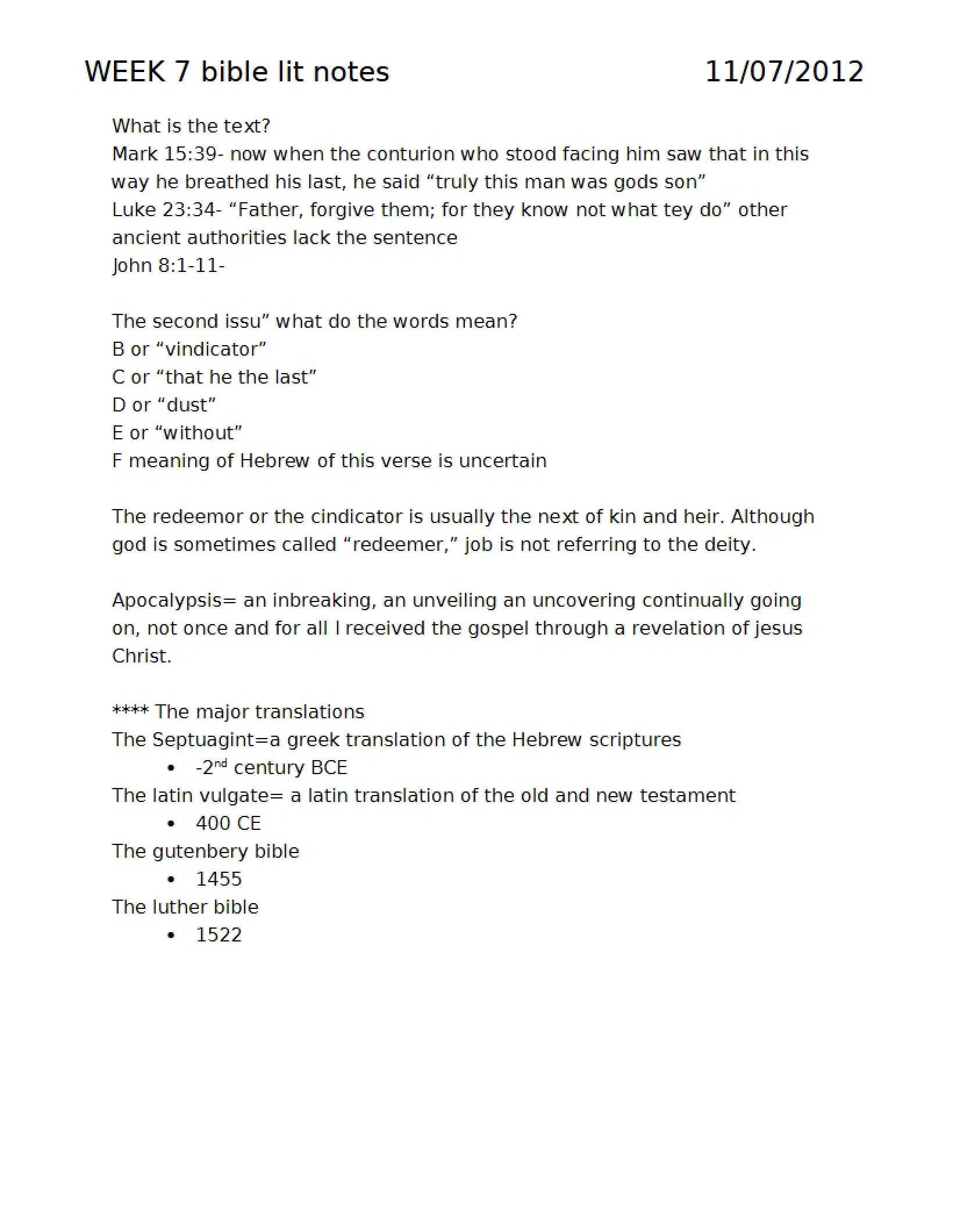 Bible Literature Notes Week 7