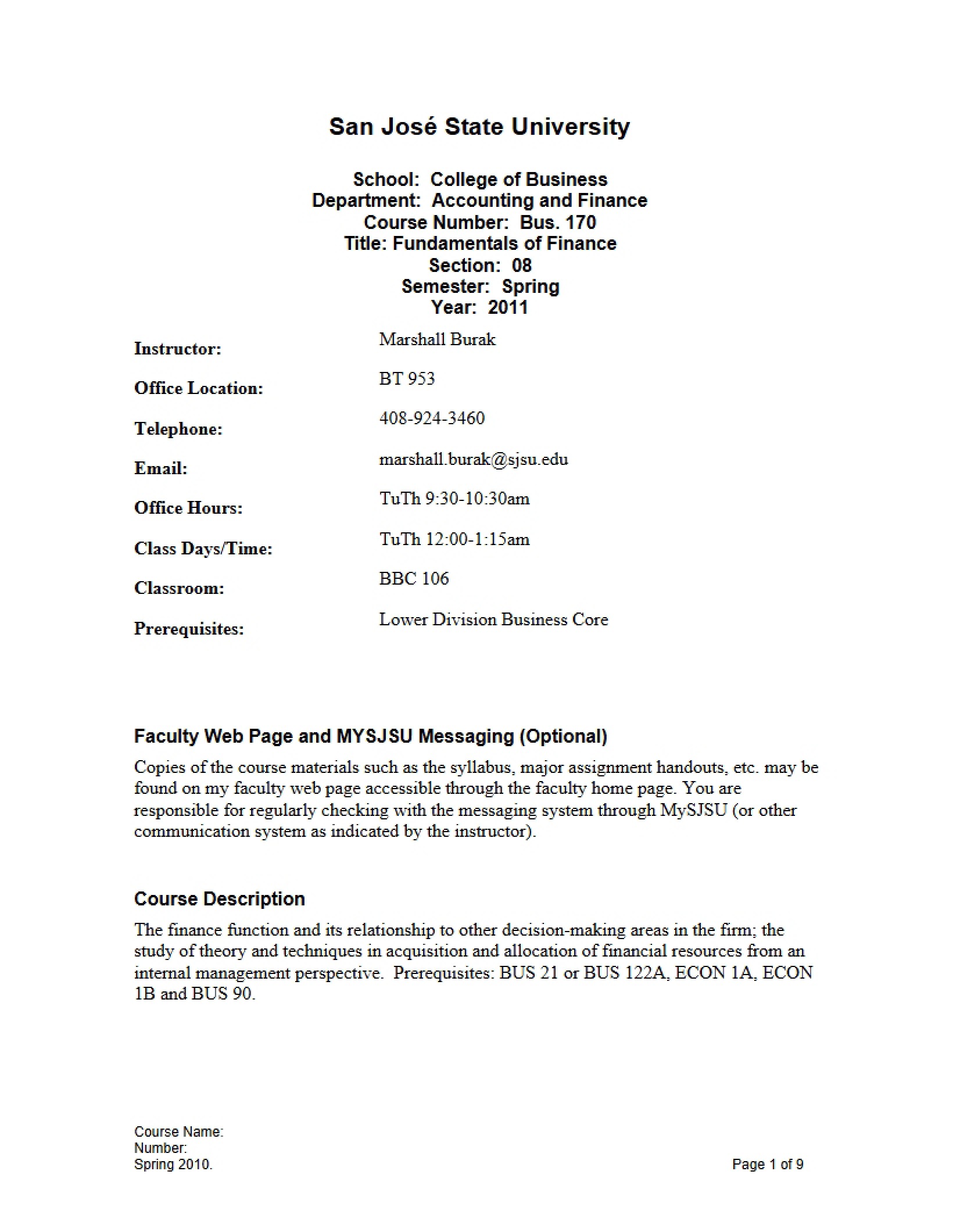 Finance Fundamentals Class Syllabus