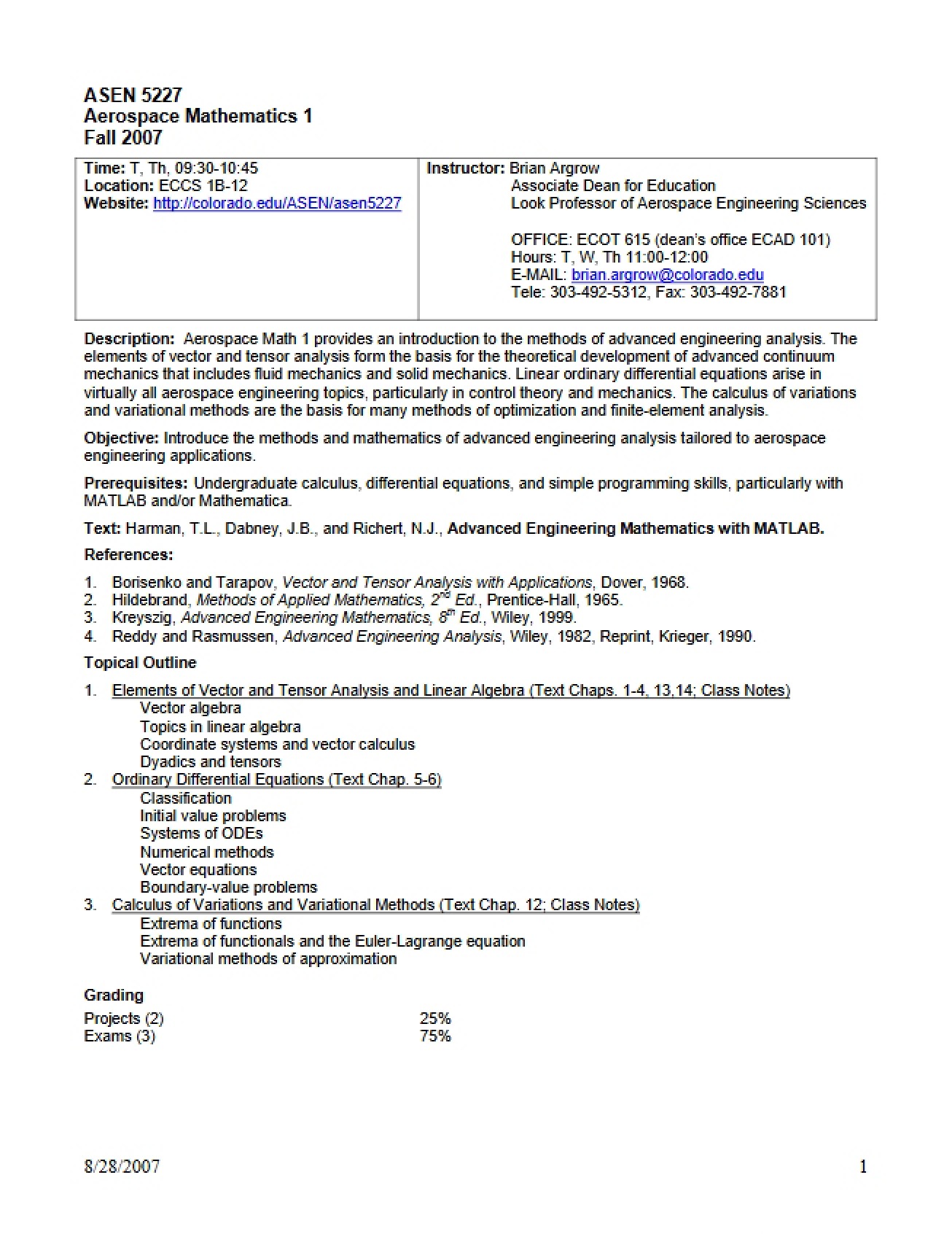 Syllabus for Mathematics for Aerospace Engineering Sciences