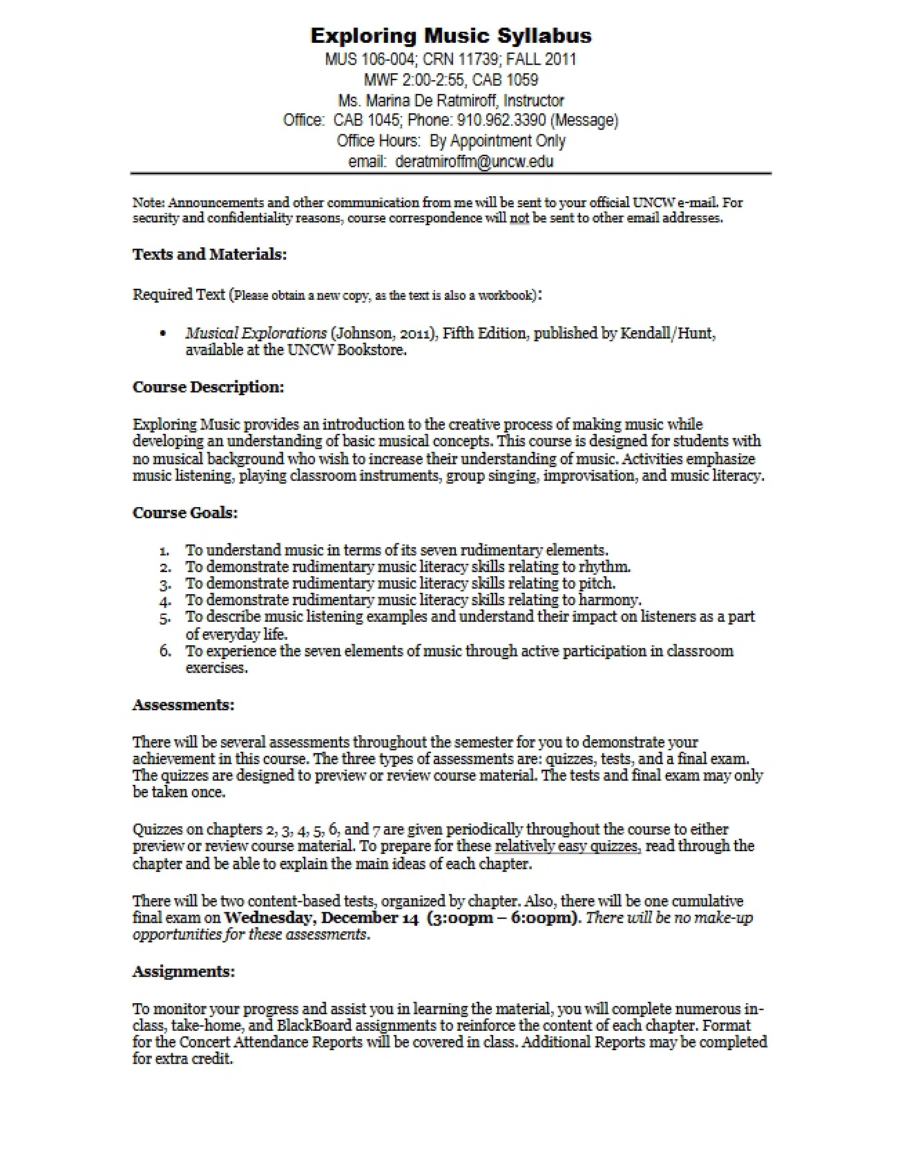 Syllabus for Exploring Music