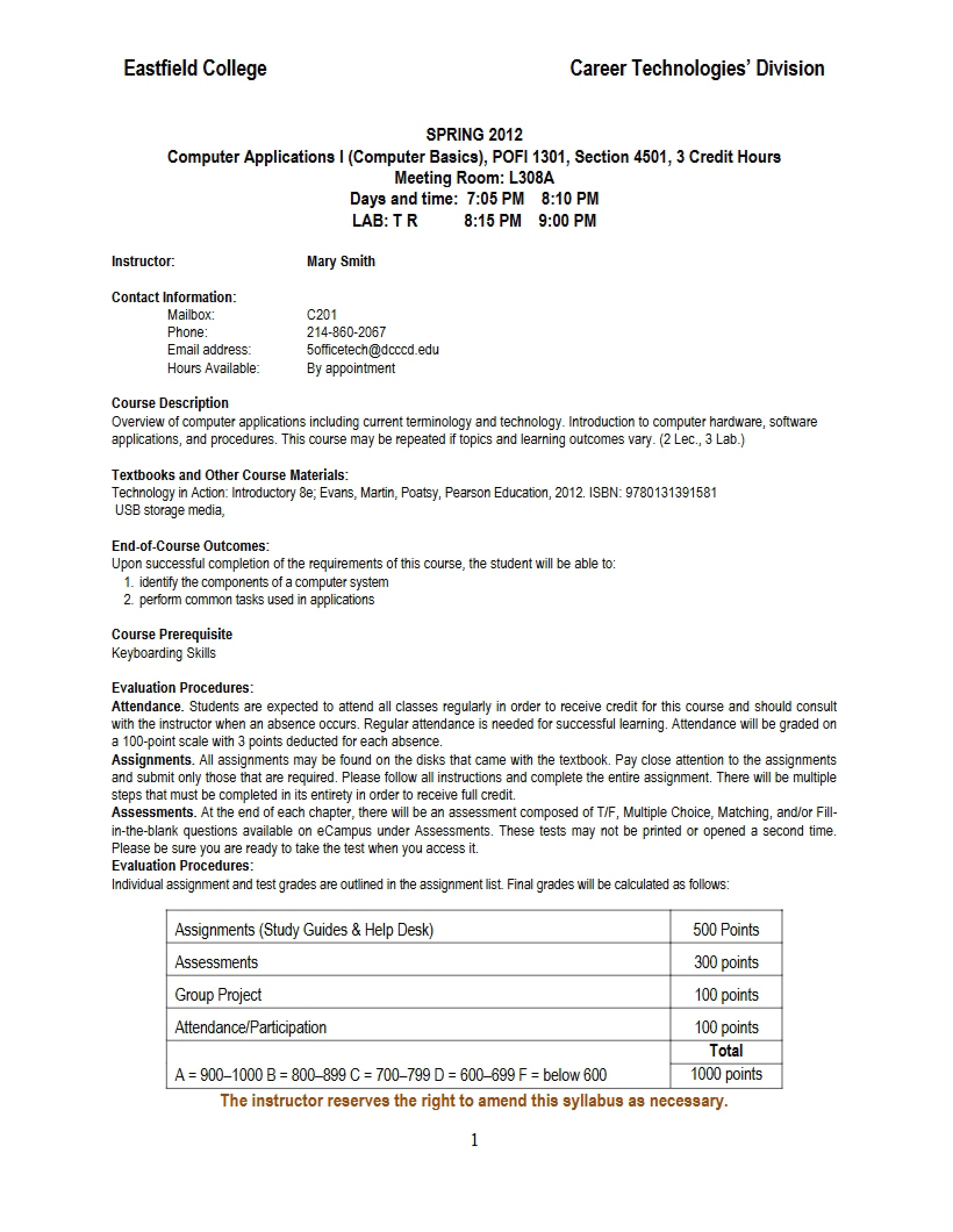 Course Syllabus for Computer Applications I - POFI 1301