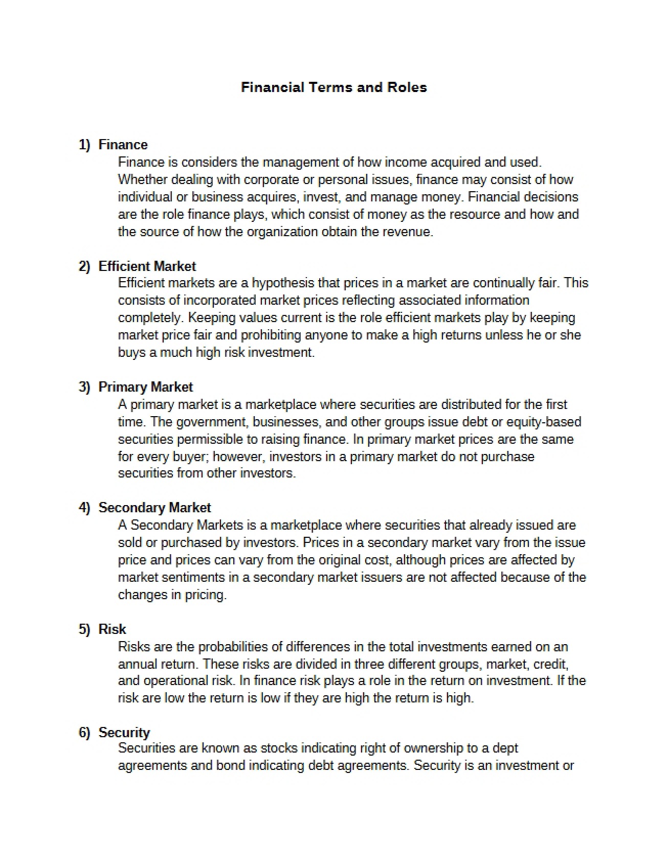 Roles and Terminology in Finance