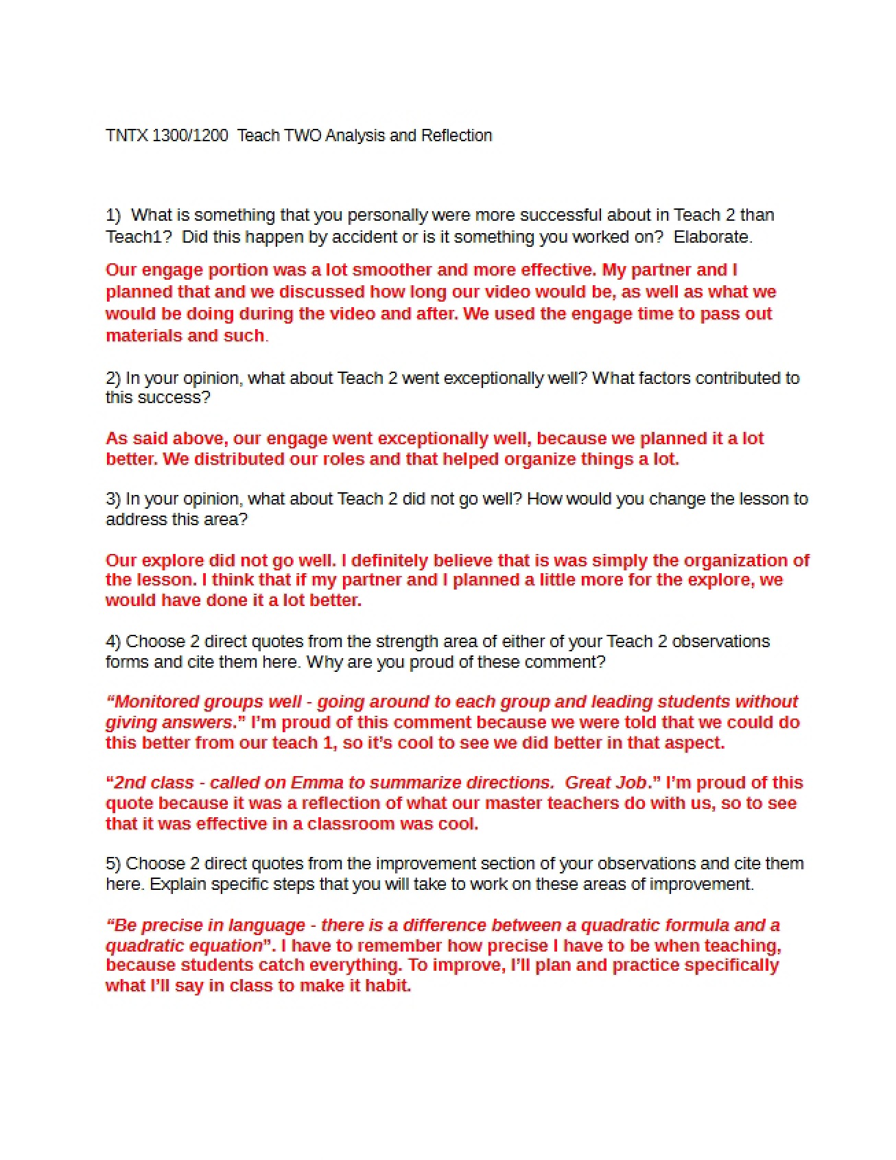 Teach 2 Reflection and Analysis