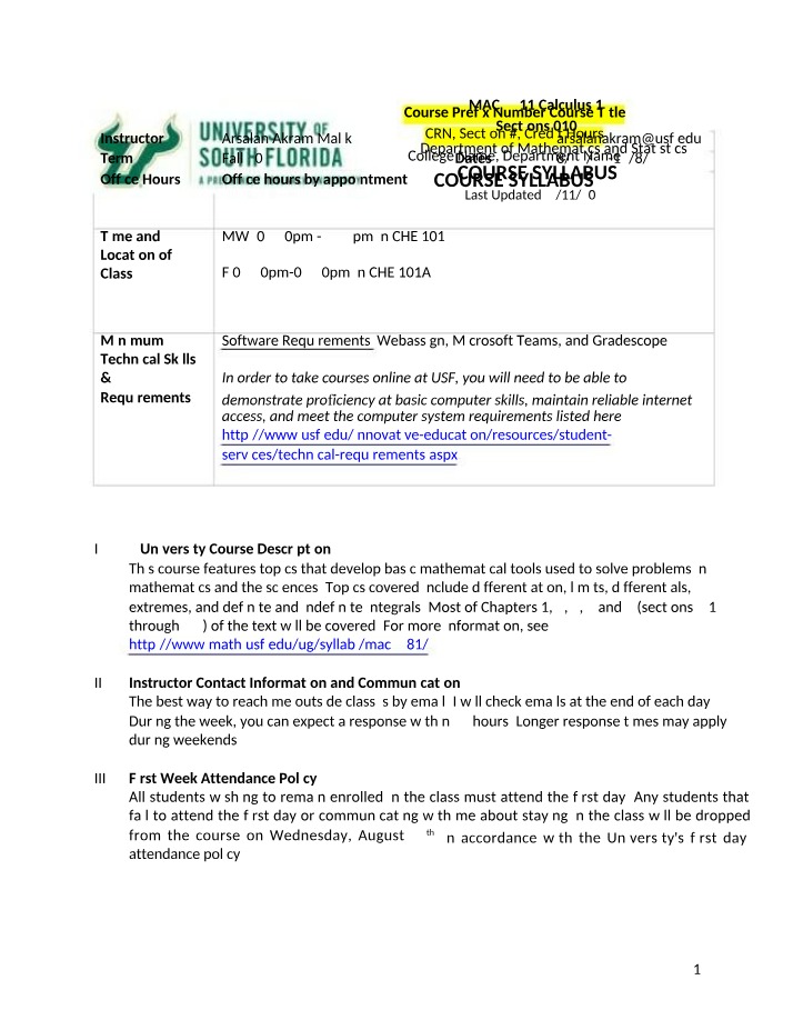 MAC 2311 Syllabus - Fall 2022
