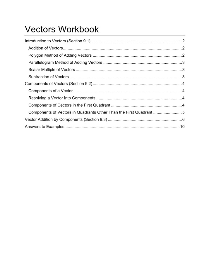 Workbook on Vectors