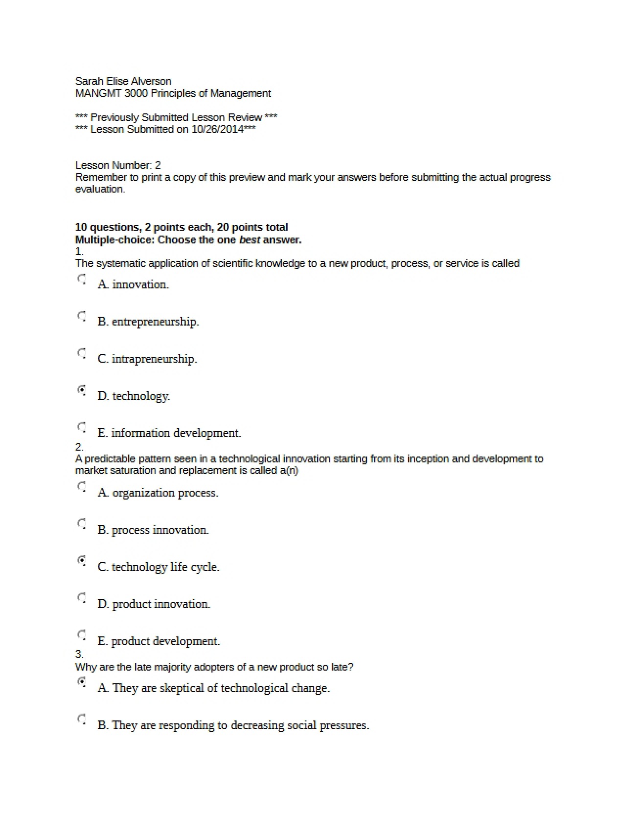 Management Quiz Chapter 2