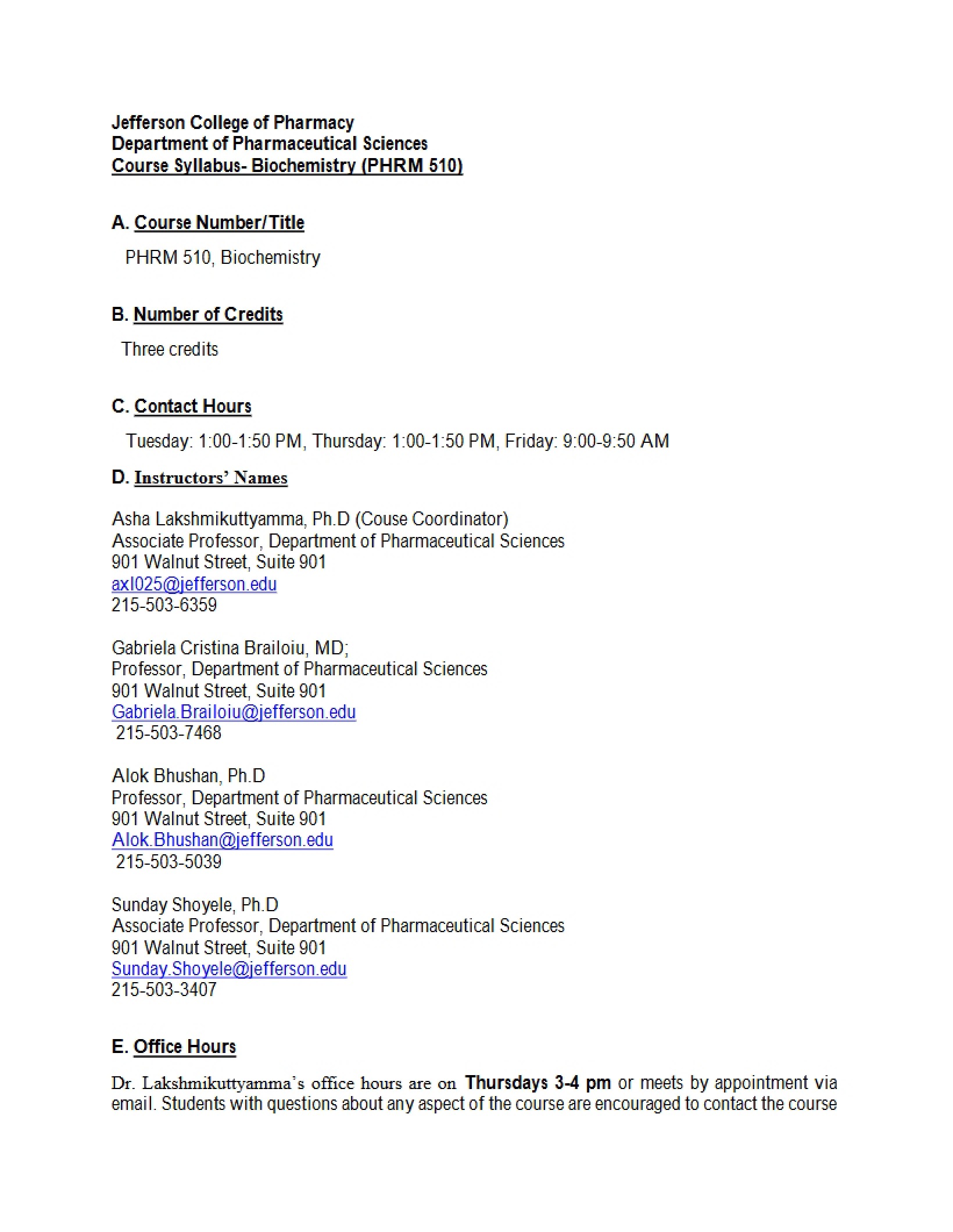 Biochemistry Course Syllabus