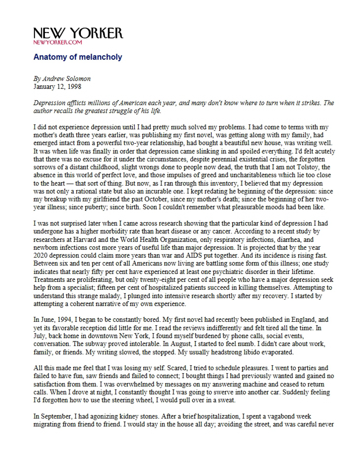 Melancholy Anatomy Solomon (1998)