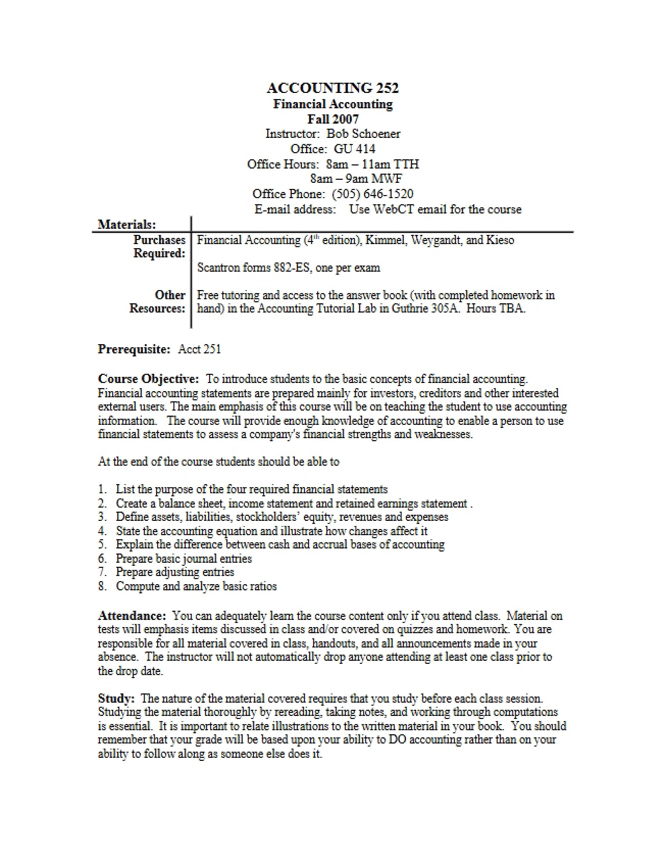 Financial Accounting Syllabus - Fall 2007 - Schoener