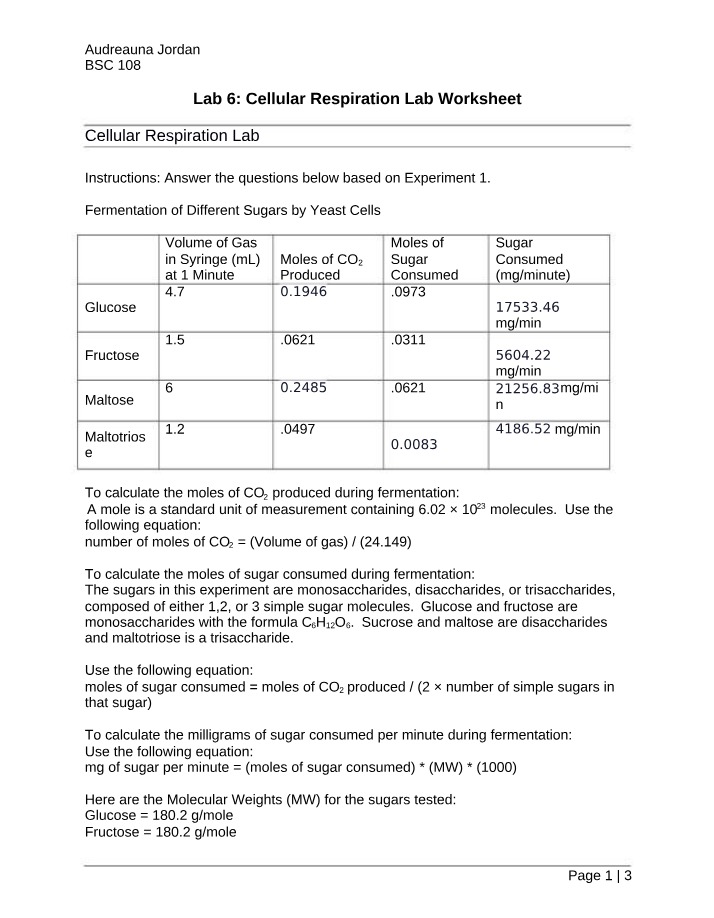 Cellular Respiration Lab - Sugar and CO2 Production Calculation