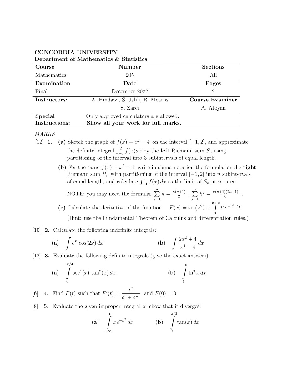Math 205 Final Exam Fall 2019 Set A