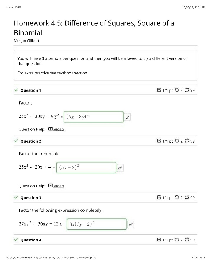 Homework 4.5 - Difference of Squares and Square of a Binomial