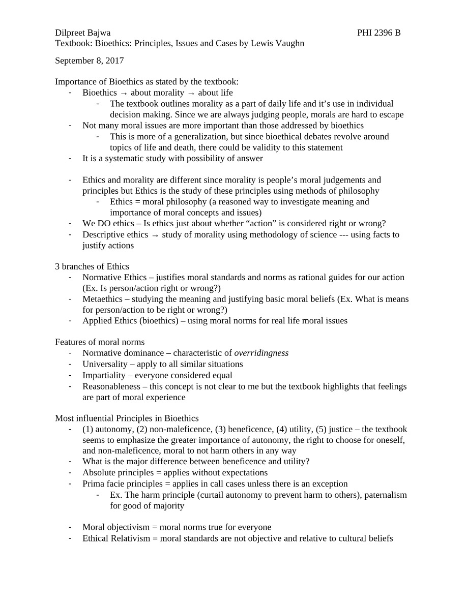 PHI 2396 B - Bioethics Principles, Issues, and Cases Notes (Lewis Vaughn)